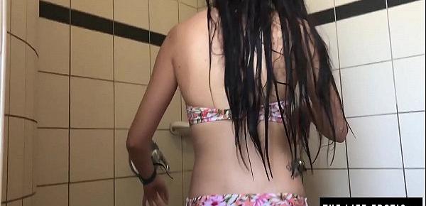  Girl almost caught masturbating in a public pool